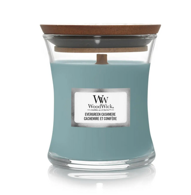 Scented candle with notes of pine, fresh air and cashmere Woodwick Mini Evergreen Cashmere 85 g