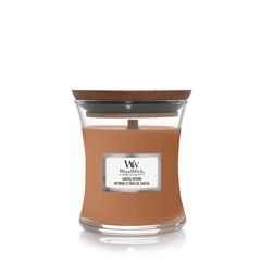Scented candle with notes of mahogany, eucalyptus and amber Woodwick Mini Santal Myrrh 85 g